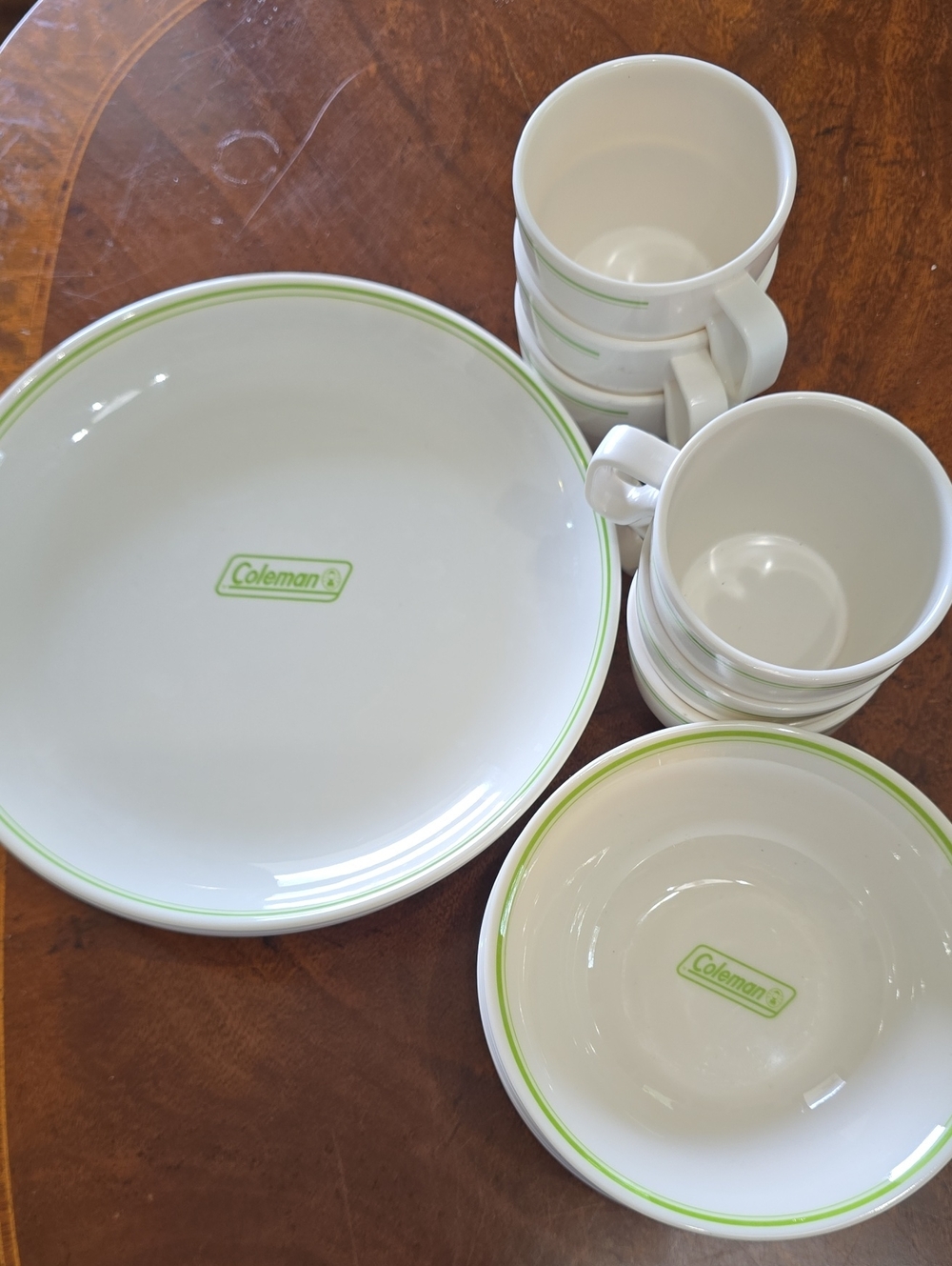 Coleman White & Lime Green Rim Melamine Dinnerware Set - Plates, Bowls & Mugs
